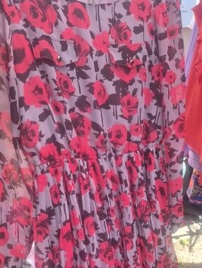 Floral Pink and Black Long-Sleeve Pleated Women’s Dress